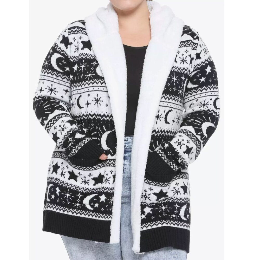 HOT TOPIC 2 Plus Size Moon & Star Fair Isle Sherpa Open Cardigan Sweater JUNIORS